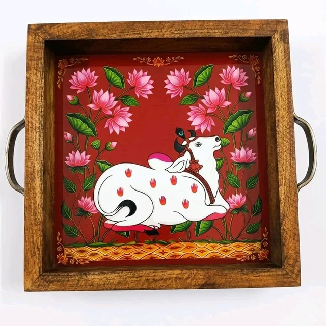 Teakwood Tray With Metal Handle - 5 Pieces Pichwai Cow Theme - 10 * 10 * 1.5 inches, 5 pieces
