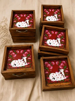 Teakwood Tray With Metal Handle - 5 Pieces Pichwai Cow Theme - 10 * 10 * 1.5 inches, 5 pieces
