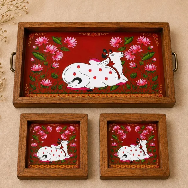Teakwood Tray With Coasters- Tray Set - Pichwai Cow Theme