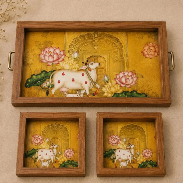 Teakwood Tray With Coasters- Tray Set - Pichwai Cow Theme