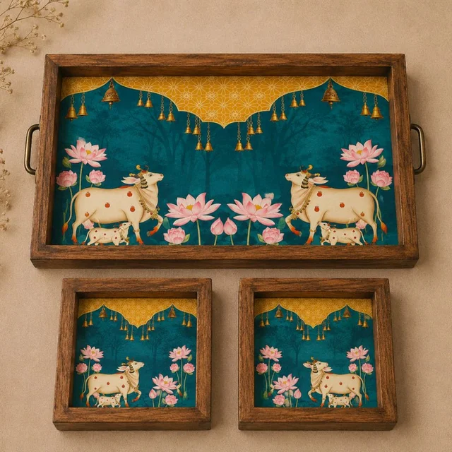 Teakwood Tray With Coasters- Tray Set - Pichwai Cow Theme