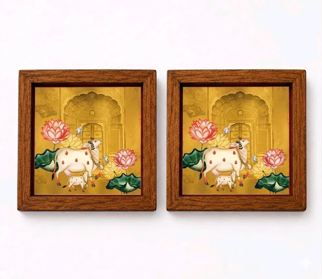 Teakwood Coasters / Mini Wall Mounting Frames-Set Of 4 Pieces Pichwai Cow Theme - 4 pieces