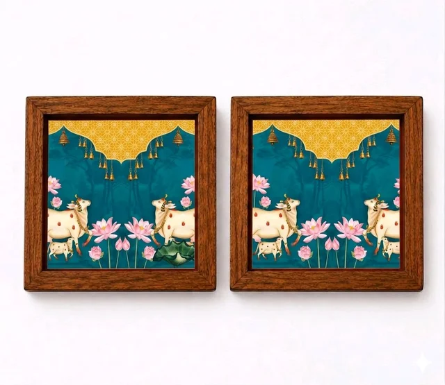 Teakwood Coasters / Mini Wall Mounting Frames-Set Of 4 Pieces Pichwai Cow Theme - 4 pieces