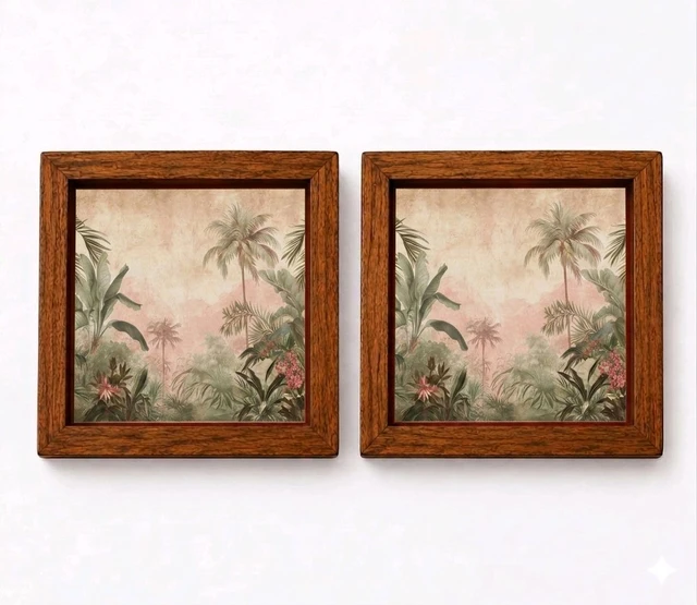 Teakwood Coasters / Mini Wall Mounting Frames-Set Of 4 Pieces Tropical Forest Theme - 4 pieces