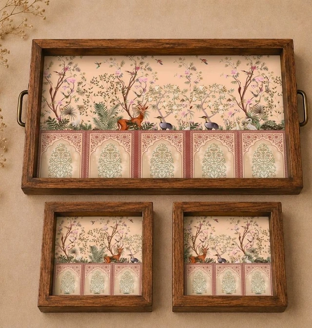 Teakwood Tray With Coasters- Tray Set - Garden Theme