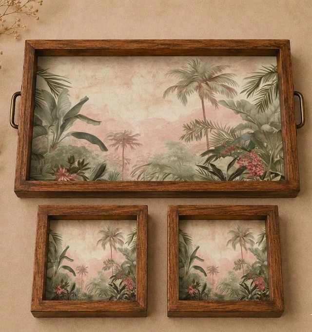 Teakwood Tray With Coasters- Tray Set - Tropical Forest Theme