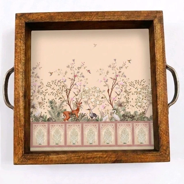 Teakwood Tray With Metal Handle - 5 Pieces Garden Theme - 10 * 10 * 1.5 inches, 5 pieces