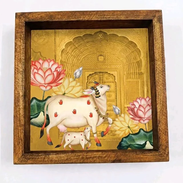 Teakwood Wall Frames -5 Pieces -Pichwai Cow Theme - 6 * 6 * 0.5 inches, 5 pieces