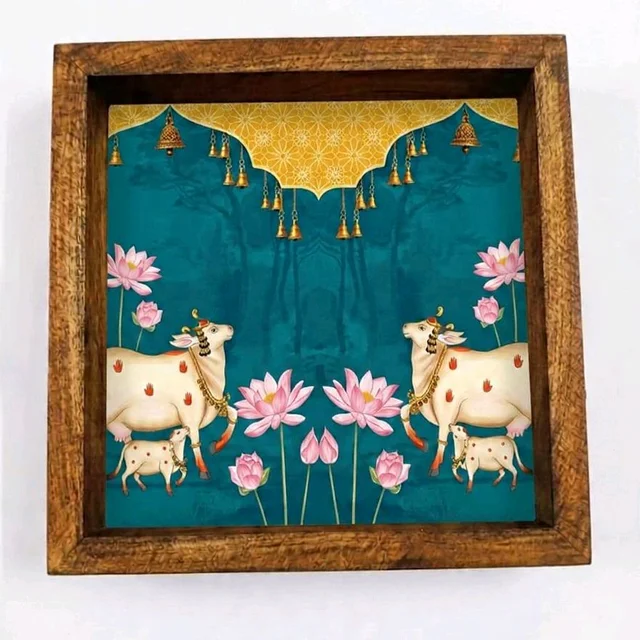 Teakwood Wall Frames -5 Pieces -Pichwai Cow Theme - 6 * 6 * 0.5 inches, 5 pieces