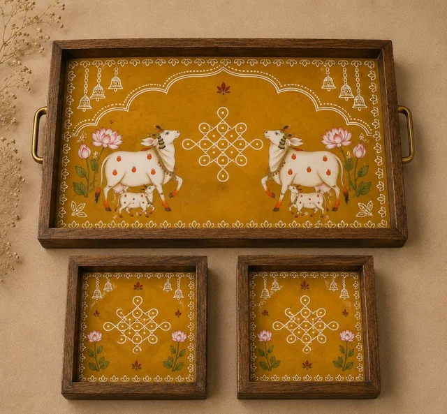 Teakwood Tray With Coasters- Tray Set - Kolam Theme