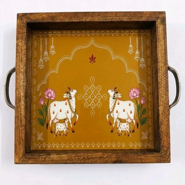 Teakwood Tray With Metal Handle - 5 Pieces Kolam Theme - - 8 * 8 * 1.5 inches, 5 pieces