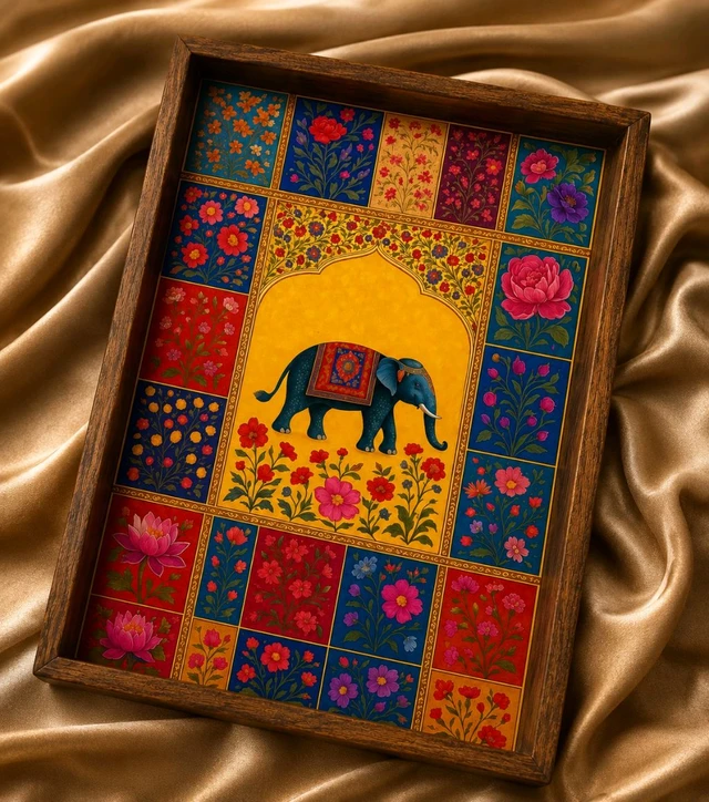 Teakwood Tray / Frame - Mosaic Style Border Elephant Theme  
