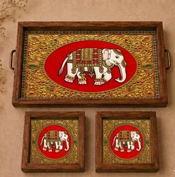 Teakwood Tray With Coasters- Tray Set -Tanjore Elephant Theme - green