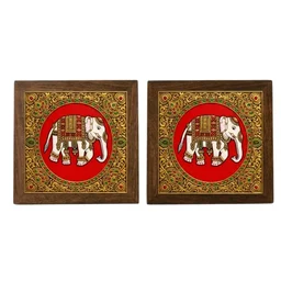 Teakwood Coasters / Mini Wall Frames-Set Of 4 Pieces Tanjore Elephant - green, 4 pieces