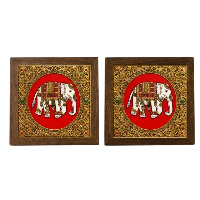 Teakwood Coasters / Mini Wall Frames-Set Of 4 Pieces Tanjore Elephant - red, 4 pieces