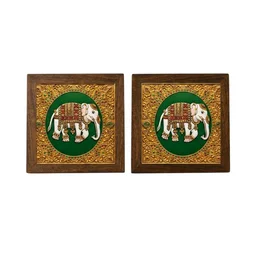 Teakwood Coasters / Mini Wall Frames-Set Of 4 Pieces Tanjore Elephant - red, 4 pieces
