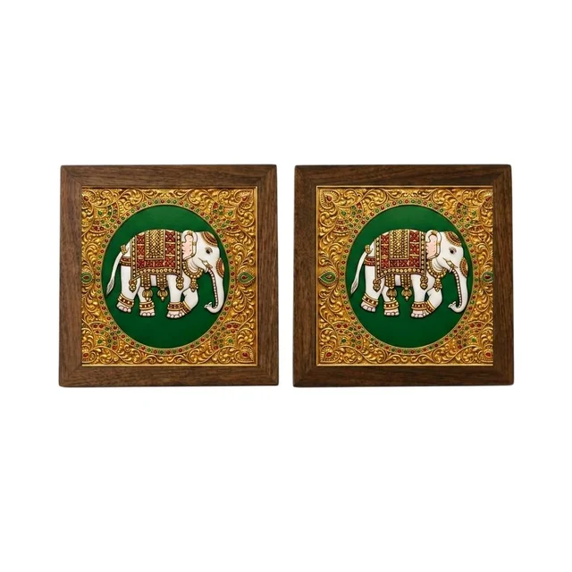 Teakwood Coasters / Mini Wall Frames-Set Of 4 Pieces Tanjore Elephant - red, 4 pieces
