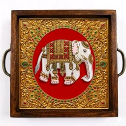 Teakwood Tray With Metal Handle - 5 Pieces Tanjore Elephant Theme - green, 8 * 8 * 1.5 inches, 5 pieces