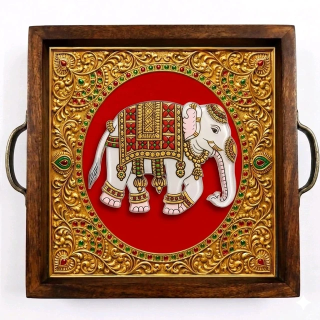 Teakwood Tray With Metal Handle - 5 Pieces Tanjore Elephant Theme - green, 8 * 8 * 1.5 inches, 5 pieces