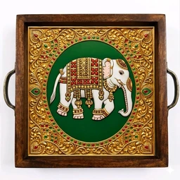 Teakwood Tray With Metal Handle - 5 Pieces Tanjore Elephant Theme - red, 8 * 8 * 1.5 inches, 5 pieces