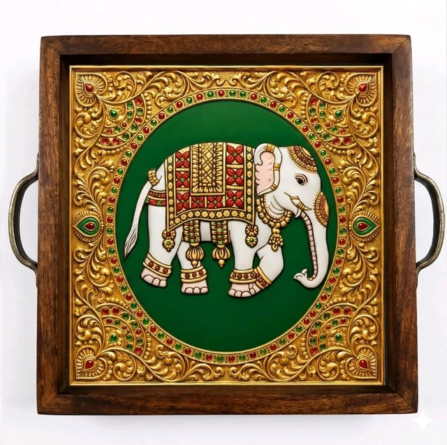 Teakwood Tray With Metal Handle - 5 Pieces Tanjore Elephant Theme - green, 8 * 8 * 1.5 inches, 5 pieces