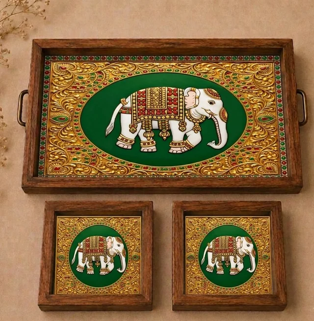 Teakwood Tray With Coasters- Tray Set -Tanjore Elephant Theme - green