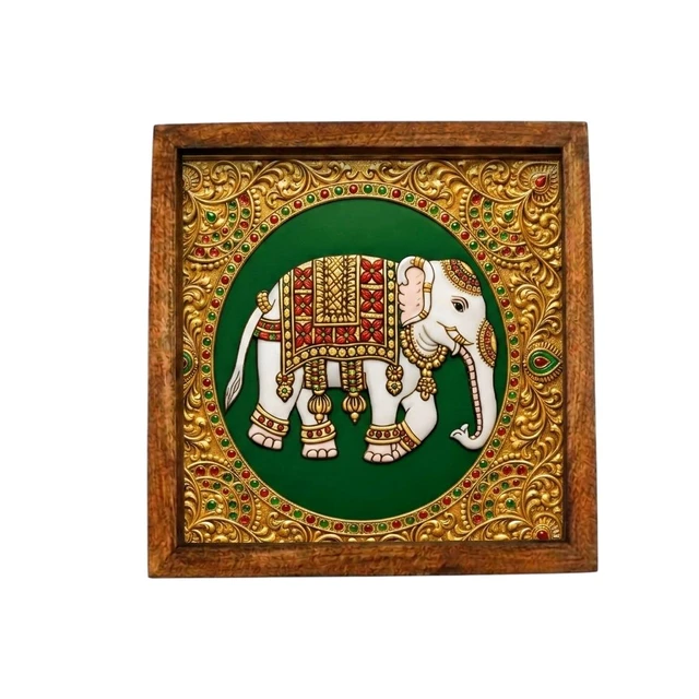 Teakwood Wall Frames - 5 Pieces -Tanjore Elephant Theme - green, 10 * 10 * 0.5 inches, 5 pieces