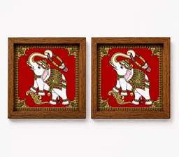 Teakwood Coasters / Mini Wall Frames-Set Of 4 Pieces Tanjore Elephant - green, 4 pieces