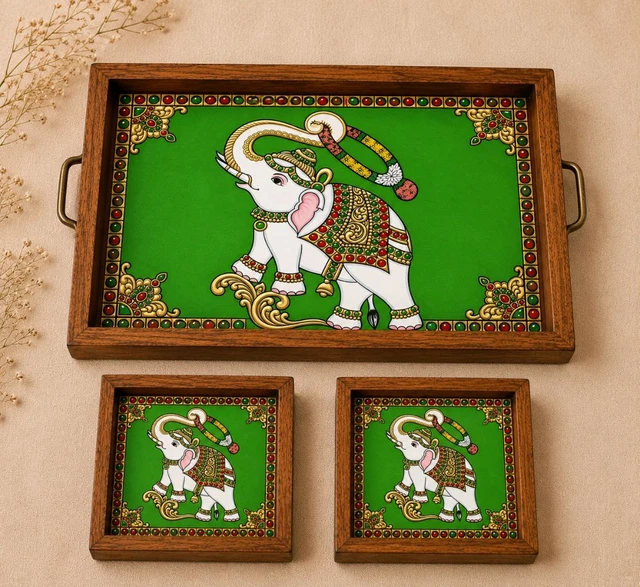 Teakwood Tray With Coasters- Tray Set -Tanjore Elephant Theme - green