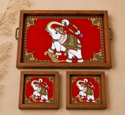 Teakwood Tray With Coasters- Tray Set -Tanjore Elephant Theme - green