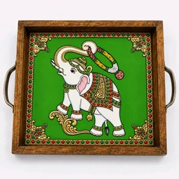Teakwood Tray With Metal Handle - 5 Pieces Tanjore Elephant Theme - red, 10 * 10 * 1.5 inches, 5 pieces