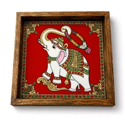 Teakwood Wall Frames - Tanjore Elephant Theme - green, 8 * 8 * 0.5 inches, 5 pieces