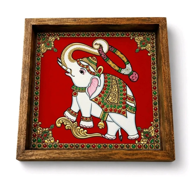 Teakwood Wall Frames - Tanjore Elephant Theme - green, 8 * 8 * 0.5 inches, 5 pieces