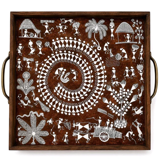 Teakwood Tray With Metal Handle- Warli Art Theme - 12 * 12 * 2 Inches
