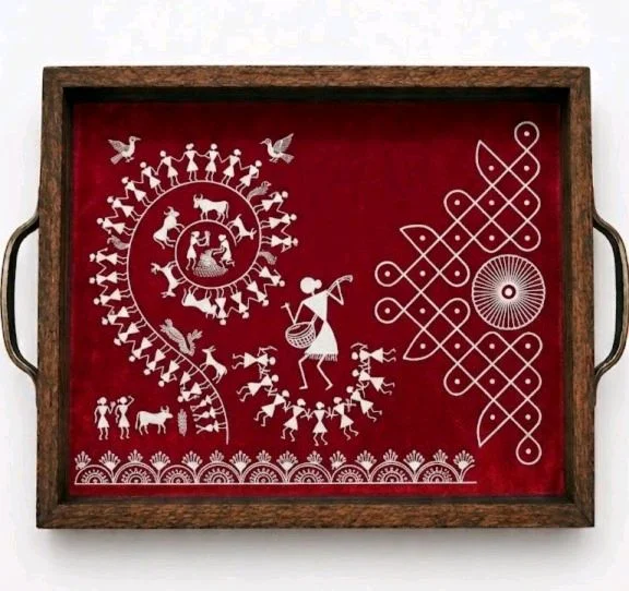 Teakwood Tray With Metal Handle- 2 Pieces -Warli Art Theme - red, 2 pieces