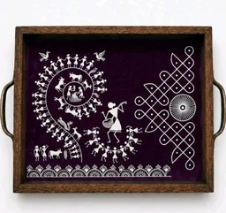 Teakwood Tray With Metal Handle- 2 Pieces -Warli Art Theme - red, 2 pieces