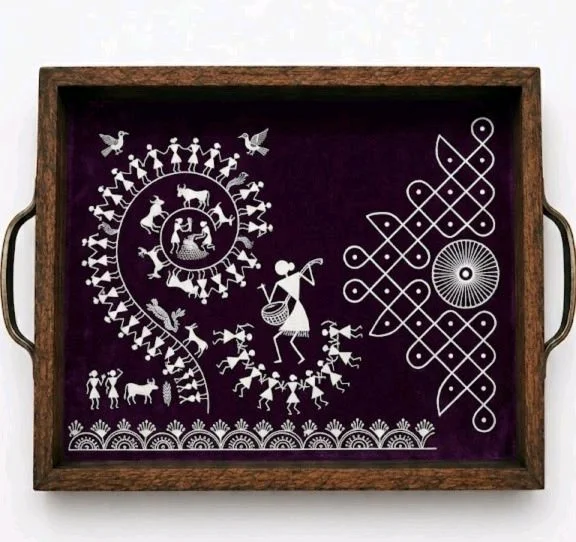 Teakwood Tray With Metal Handle- 2 Pieces -Warli Art Theme - red, 2 pieces