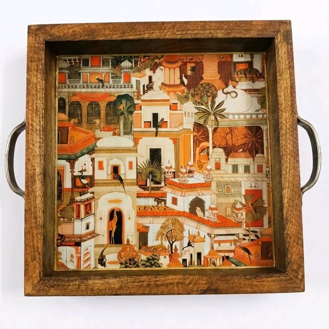 Teakwood Tray With Metal Handle- 5 Pieces - Rajasthani Pichwai Haveli / Mandir Town Theme - 8 * 8 * 1.5 inches, 5 pieces