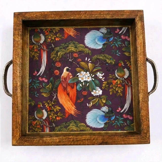 Teakwood Tray With Metal Handle- 5 Pieces - Birds Of Paradise On Chinoiserie Theme - 8 * 8 * 1.5 inches, 5 pieces