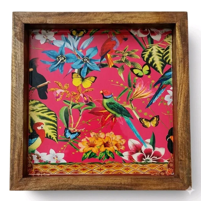 Teakwood Wall Frames - 5 Pieces - Birds Of Paradise On Chinoiserie Theme - 6 * 6 * 0.5 inches, 5 pieces