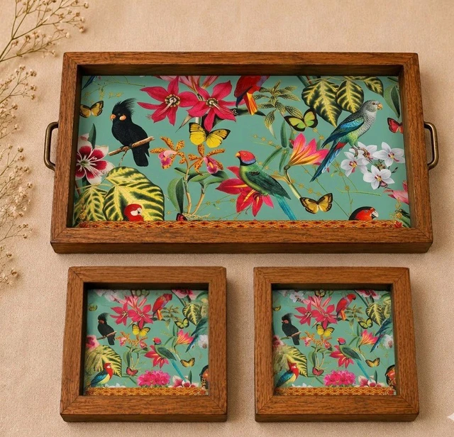 Teakwood Tray With Coasters- Tray Set -Tropical Botanical & Bird Garden Theme