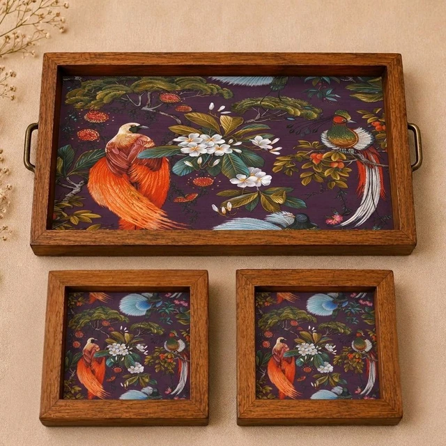 Teakwood Tray With Coasters- Tray Set -Birds Of Paradise On Chinoiserie Theme