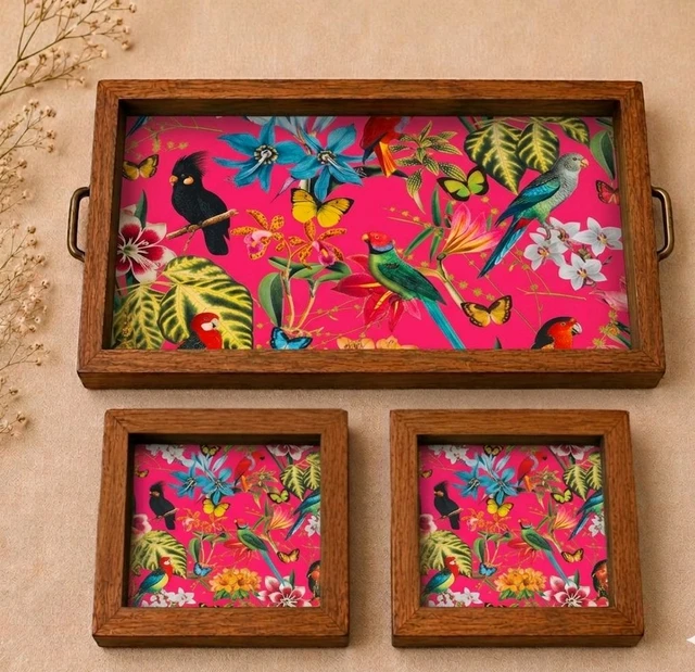 Teakwood Tray With Coasters- Tray Set -Tropical Botanical & Bird Garden On Fushsia Theme