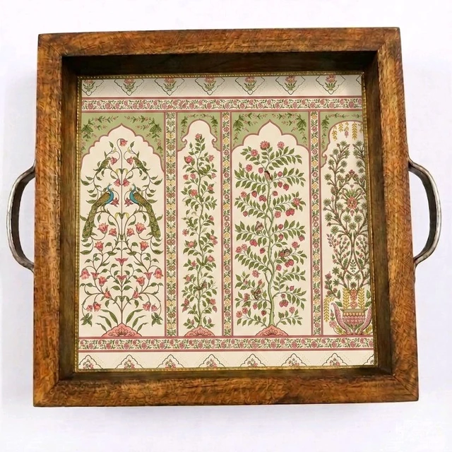 Teakwood Tray With Metal Handle- 5 Pieces - Mughal Garden Theme - 10 * 10 * 1.5 inches, 5 pieces