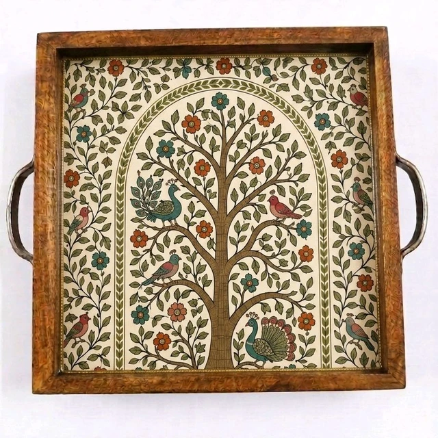 Teakwood Tray With Metal Handle- 5 Pieces - Tree Of Life- Kalamkari / Madhubani Inspired Theme - 10 * 10 * 1.5 inches, 5 pieces