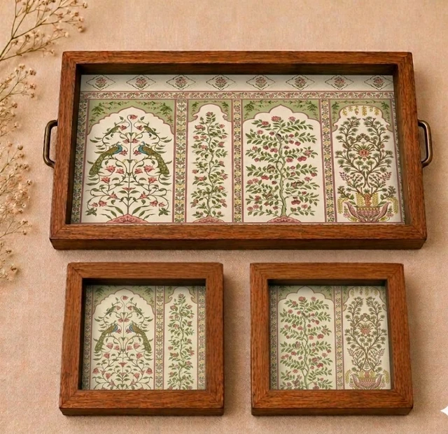 Teakwood Tray With Coasters- Tray Set -Mughal Garden Theme