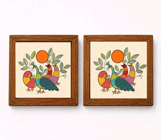 Teakwood Coasters / Mini Wall Frames-Set Of 4 Pieces- Gond Tribal Art - 4 pieces