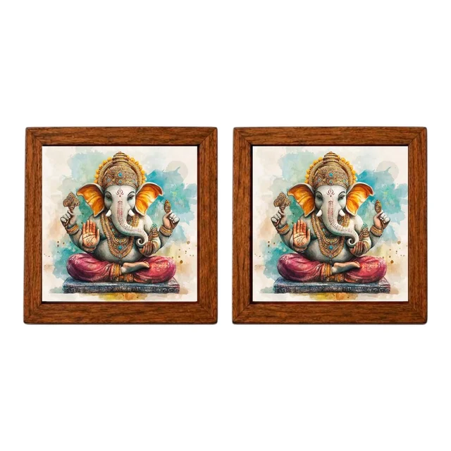 Teakwood Coasters / Mini Wall Frames-Set Of 4 Pieces- Lord Ganesh - 4 pieces