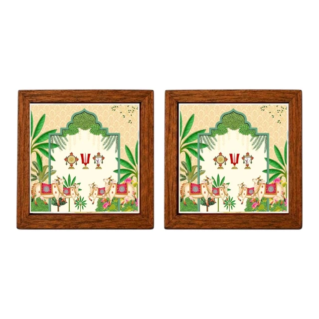Teakwood Coasters / Mini Wall Frames-Set Of 4 Pieces- Pichwai Inspired Vaishnava Art / Shanku Chakra Namam - 4 pieces