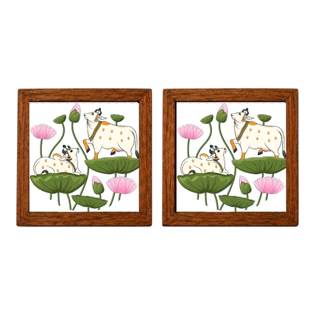 Teakwood Coasters / Mini Wall Frames-Set Of 4 Pieces- Cow & Lotus Garden In Pichwai Style - 4 pieces